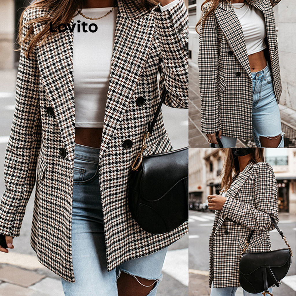 Lovito Blazer casual com botão xadrez para mulheres LNL54247