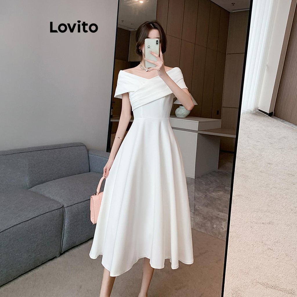 Lovito Vestido Drapeado Liso Elegante Para Mulheres LNE49157