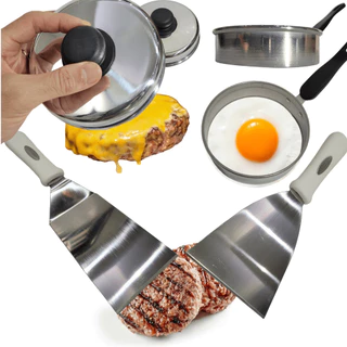Kit Hamburguer Artesanal Abafador Tampa Modelador Para Ovo 2 Espátulas Inox Hamburgueria Lanchonete