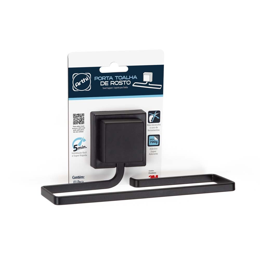Porta Toalha de Rosto Piatina Black com Dupla Face 3M Toalheiro Preto Sem Furos na Parede Arthi