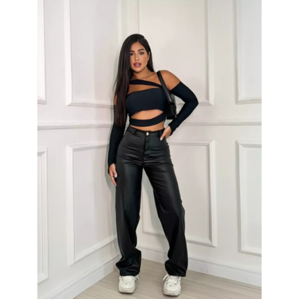 Calça Wide Leg Feminina Cintura Alta Couro Fake Preta Pantalona