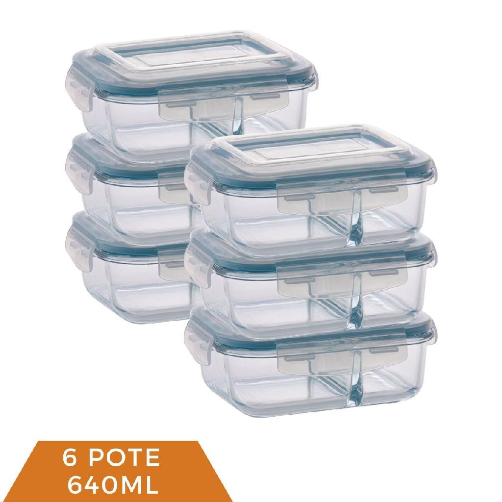 Potes Herméticos Vidro C/Divisoria Marmita 640ml -6 Unidades