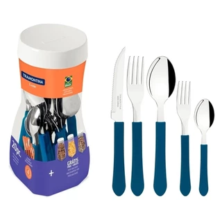 Faqueiro Tramontina Leme Azul Pote com 20 Peças em Oferta na Shopee