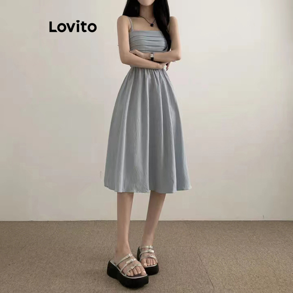 Lovito Vestido casual com babados lisos para mulheres LNM70058