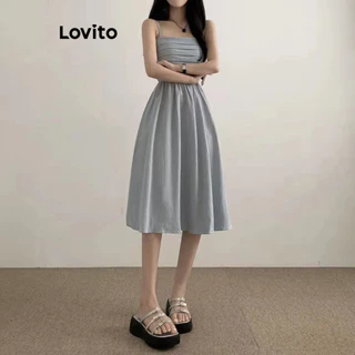 Lovito Vestido casual com babados lisos para mulheres LNM70058