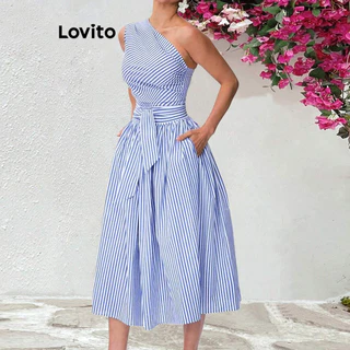 Lovito Vestido elegante listrado assimétrico com renda para mulheres LBL16062
