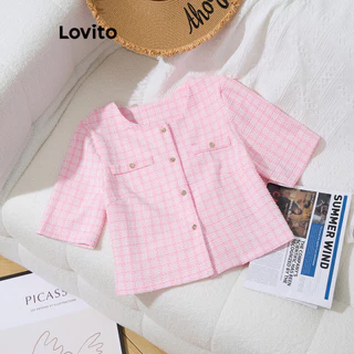 Lovito Camiseta casual xadrez com botões e bolso falso frontal para mulheres L99ED863