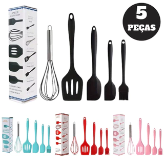 Kit de 5 Utensílios Culinários em Silicone – Conjunto Completo Com Colher / Concha / Fouet e Espátula - Entrega Pronto em Oferta na Shopee