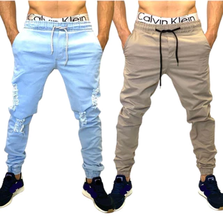 Kit 2 Calças Jogger Masculina Jeans e Sarja Rasgada e lisa Com Punho Elastico e cordão de ajuste