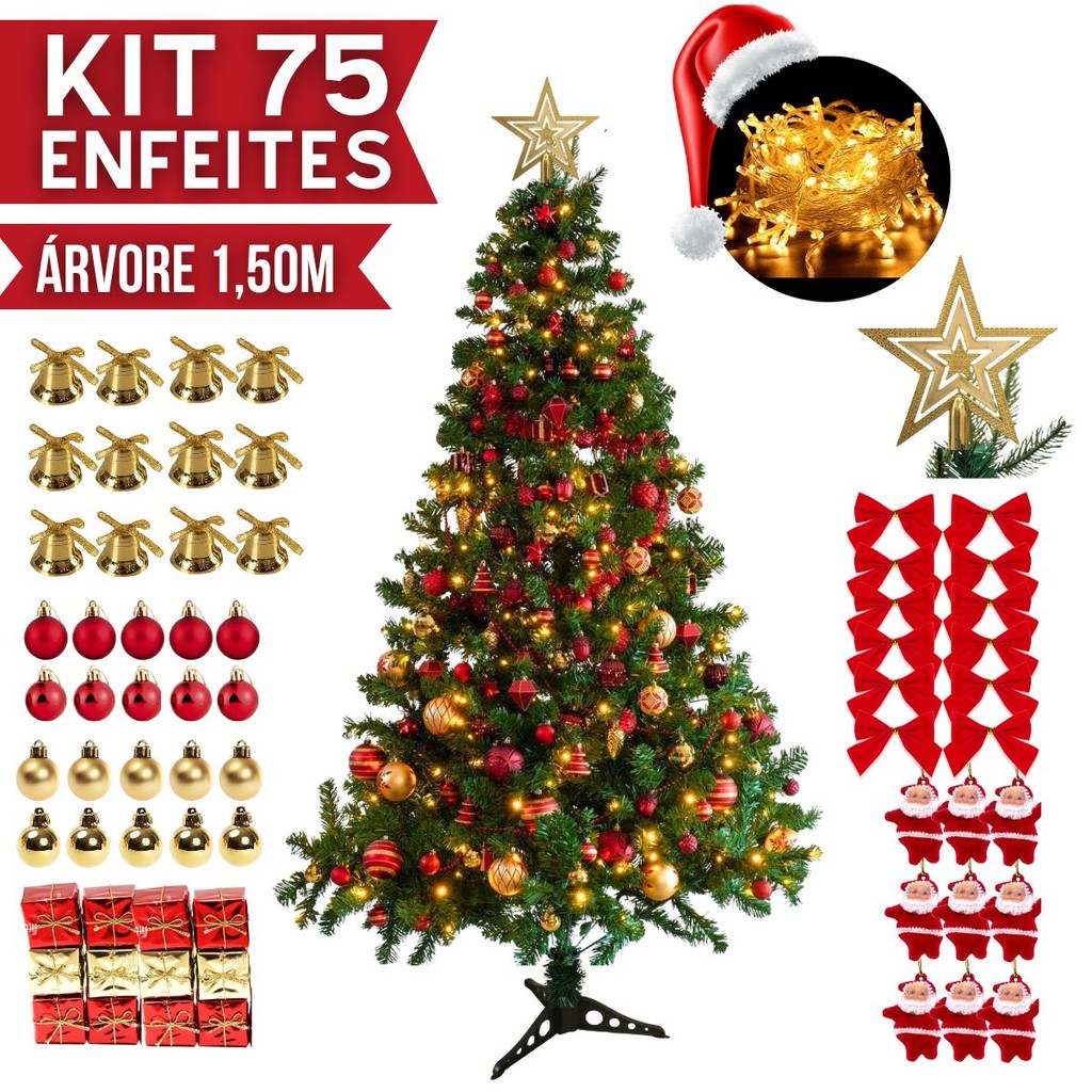 Árvore Natal Pinheiro Premium 150 cm m 220 GALHOS Enfeitada Decorada Luxo Kit Completa Enfeites