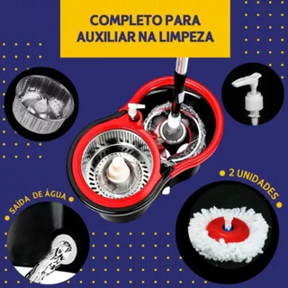 Mop Giratório Com Cesto Em Inox Vermelho E Preto Powermaid Com Dispensa Para Sabão