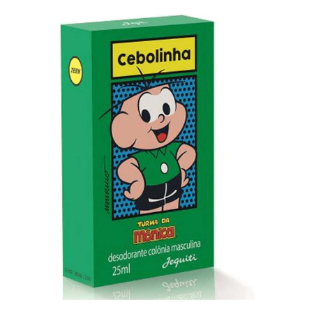 Deo Colônia Cebolinha 25ml - Jequiti na cor branca,Lado esquerdo da embalagem da Deo Colônia Cebolinha 25ml - Jequiti,Tampa da Deo Colônia Cebolinha 25ml - Jequiti