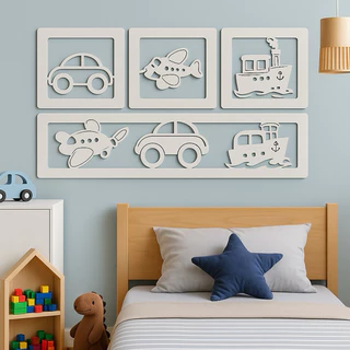 KIT COM 4 Quadros Decorativos MDF Branco DE TRANSPORTES (CARRO, AVIÃO E BARCO)