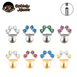 Piercing Helix Conch Labret Titânio PVD Patinha Com Opala Zircônia