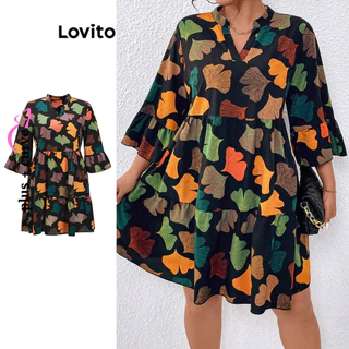 Lovito Vestido plus size curvo casual geométrico com babados em camadas para mulheres LBL14378