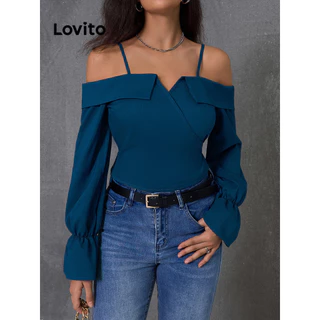 Lovito Blusa assimétrica elegante lisa de ombro frio para mulheres LBL14033