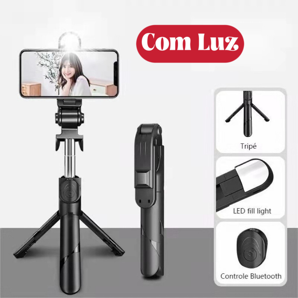 Bastão Pau de selfie Tripé Retrátil Com Luz LED Controle Bluetooth Celular