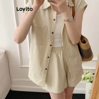 Lovito Conjuntos de shorts casuais com bolso liso para mulheres LNE72561