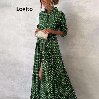 Lovito Vestido Boho de bolinhas com cinto para mulheres LNL64322