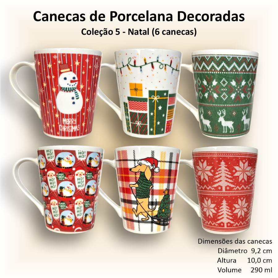 Canecas de porcelana brancas, cônicas, decoradas, 290 ml, xícara, café, chá, Col5-NATAL - 6 canecas