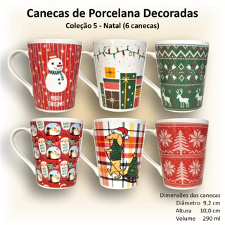 Canecas de porcelana brancas, cônicas, decoradas, 290 ml, xícara, café, chá, Col5-NATAL - 6 canecas