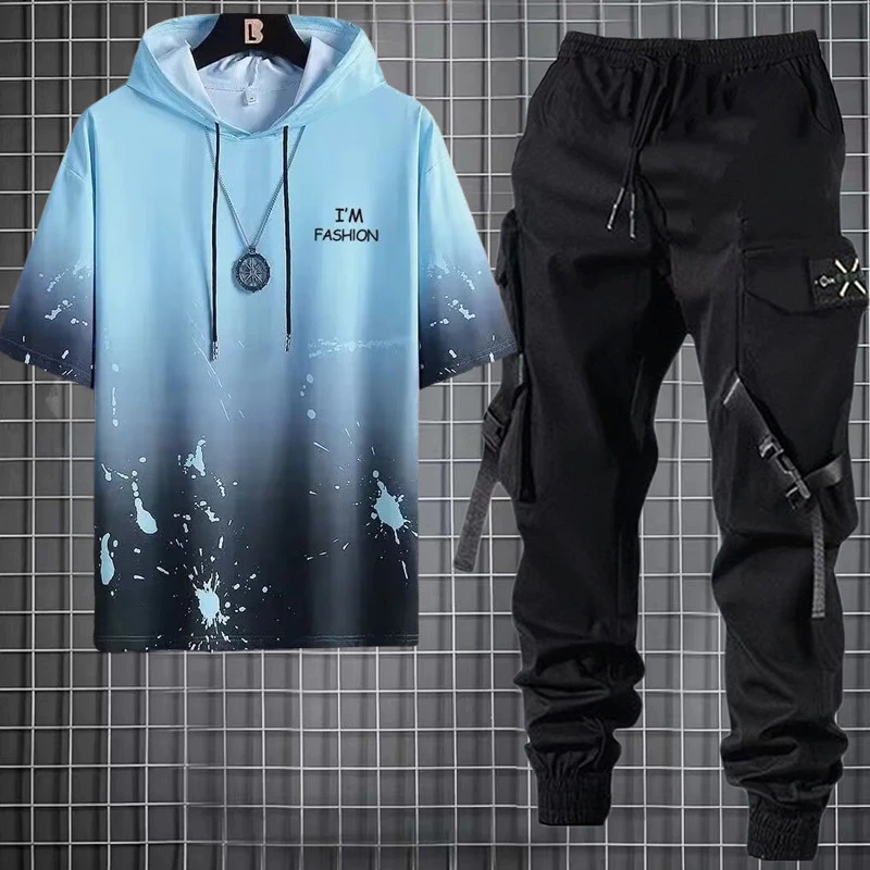 Conjunto De Camisetas De Moda Masculina Com Capuz Casual Manga Curta + Calça De Carga Estilo Hop Joggers