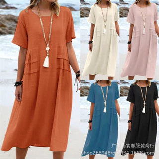 Amazon comércio exterior transfronteiriço europeu e americano novo bolso de algodão feminino plus size casual vestido de manga curta de cor sólida