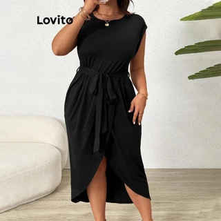 Lovito Vestido casual plus size com cinto liso para mulheres LNL77430