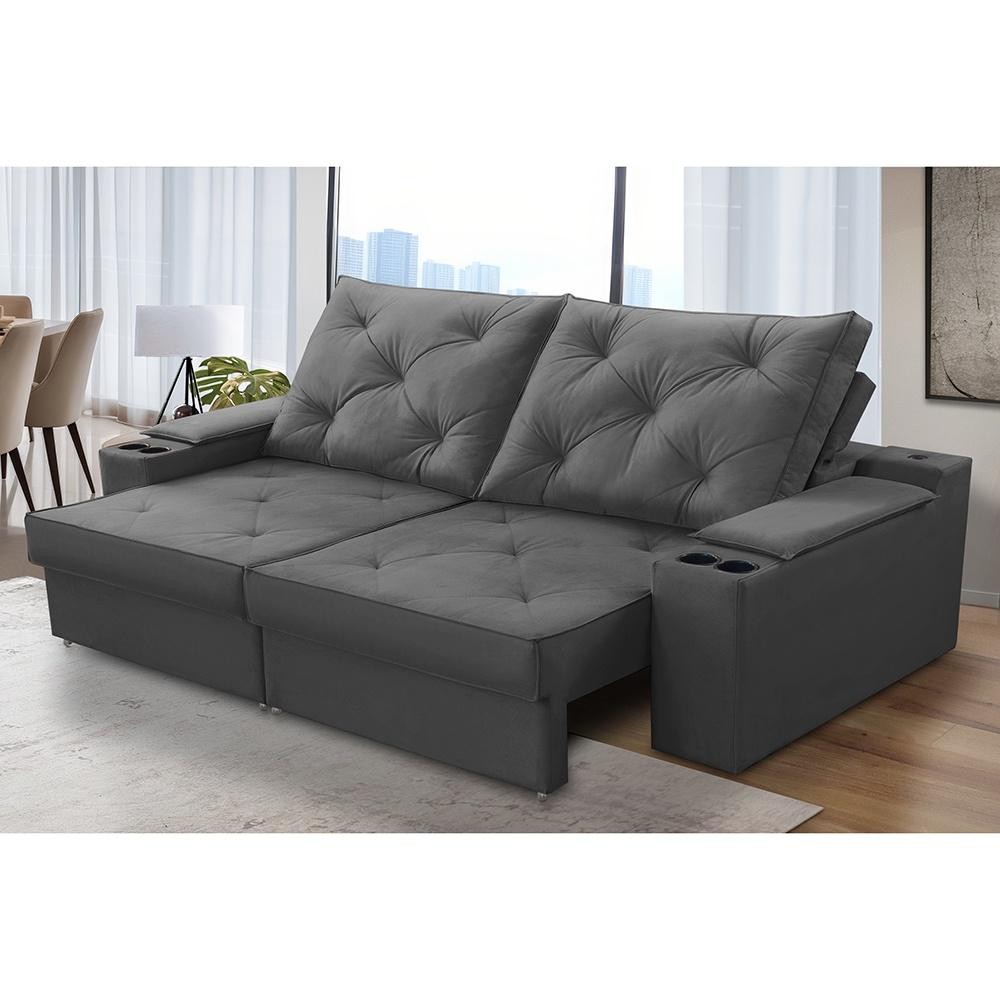 Sofá Retrátil Reclinável 3 lugares 2,30m com Porta Copos e USB Helena Suede Cinza Adonai Estofados