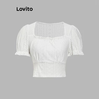 Lovito Camiseta elegante com bordado de ilhós simples para mulheres L100MD042