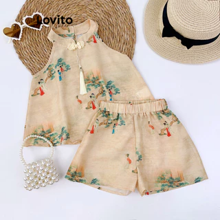 Lovito Conjuntos de shorts recortados com estampa de paisagem vintage LNA80018