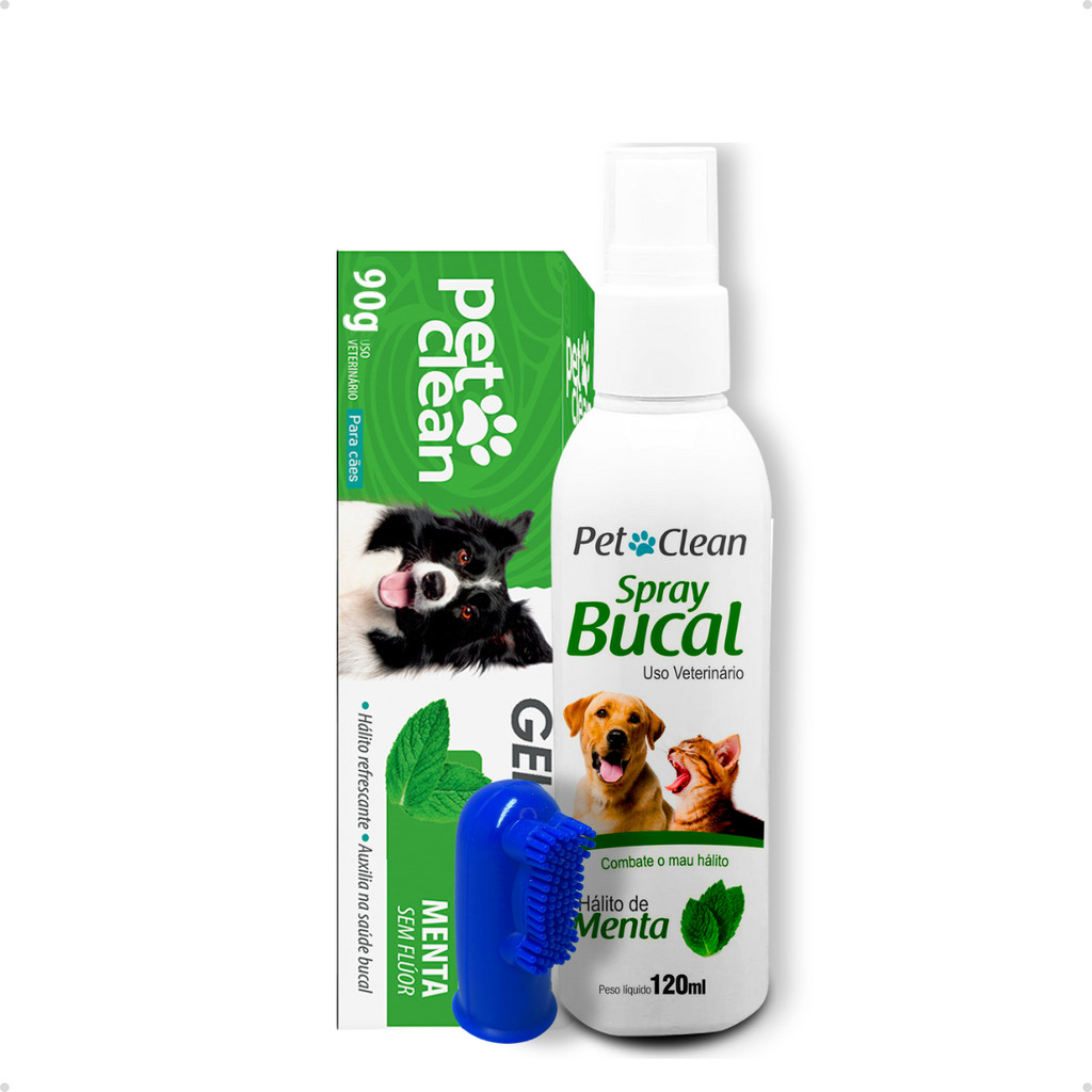 Kit Gel Dental Pasta De Dente Pet Clean + Spray Bucal Hálito + Escova 