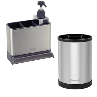 Dispenser Sabão Detergente Tramontina E Porta Utensílios Inox Kit Cozinha