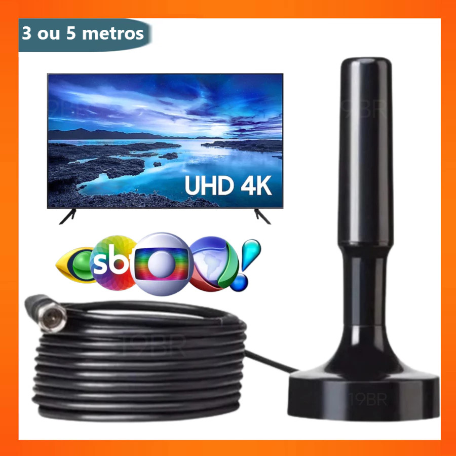 Antena Digital Interna Externa Full Hdtv 4K Cabo Grande TV 3 / 5 Metros
