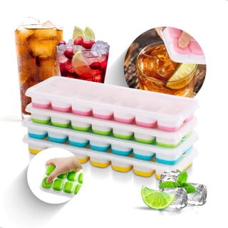 Kit 2 Formas de Gelo Silicone com Tampa Rígida Flexível Fundo 14 Cubos Retangular Multiuso Lavável