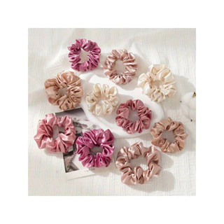 10pcs Laço de Cabelo de Cetim Rosa + 5pcs Anel Crocante Feminino Conjunto Dia dos Namorados