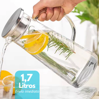 Jarra de Vidro 1,7L Borossilicato Transparente Tampa Inox Linha Mesa Posta Jarra de Suco Geladeira