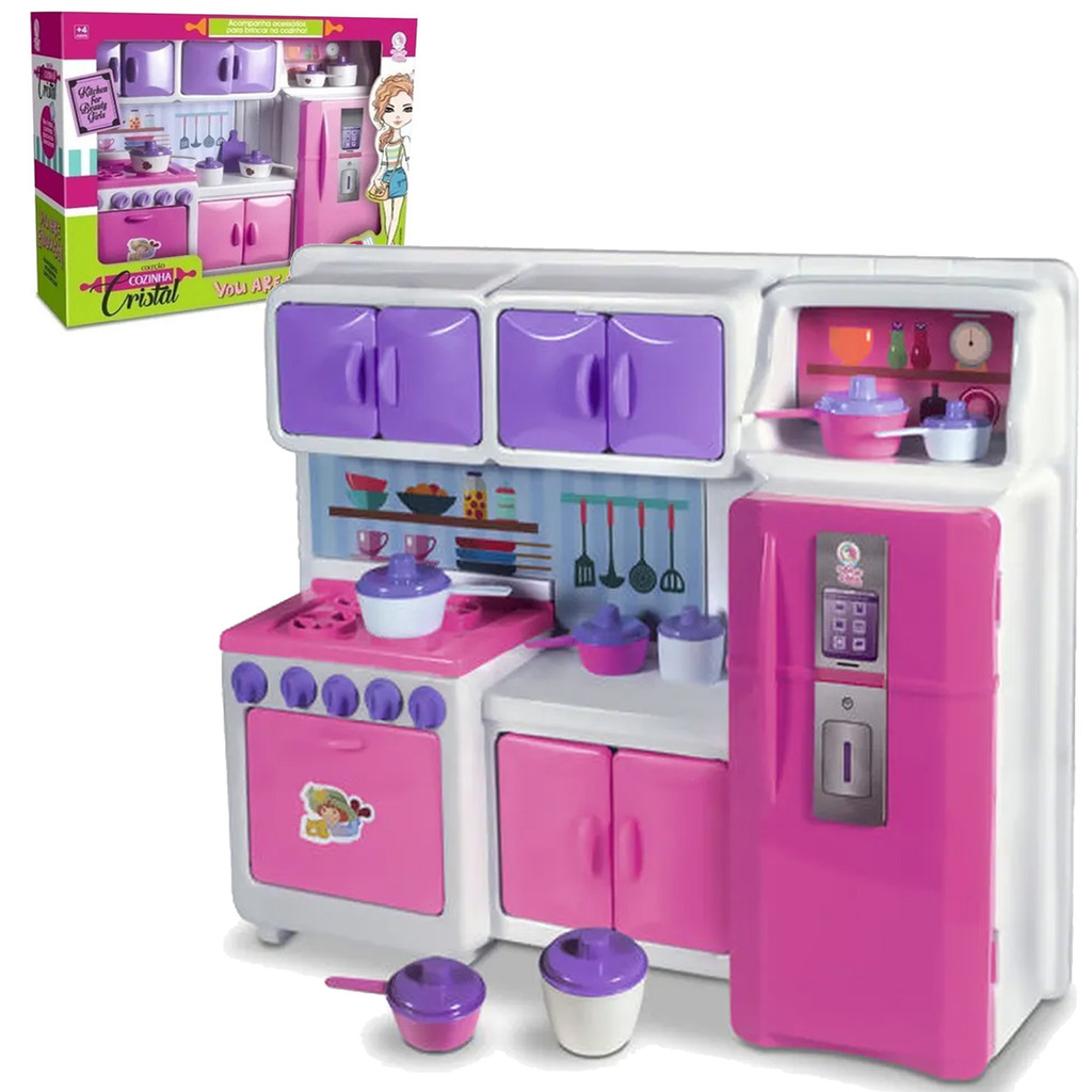 Cozinha Cristal Rosa Infantil Geladeira Fogão Completa 45cm Entrega Direta