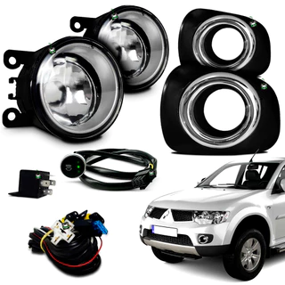 Kit Farol Auxiliar Milha L200 Triton 2015 2016 2017 2018 Moldura Preta C/ Aro Cromado Botao Touch