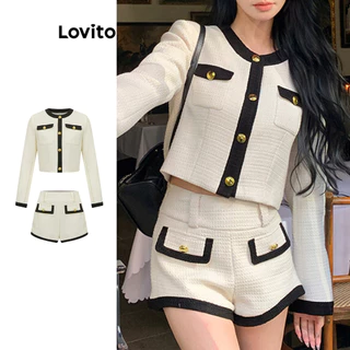 Lovito Conjuntos de shorts elegantes com botões lisos e contraste de cores para mulheres L102AD373