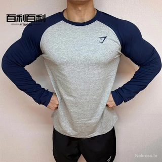 Gymshark Raglan esporte masculino fitness algodão elástico slim manga comprida t-shirt