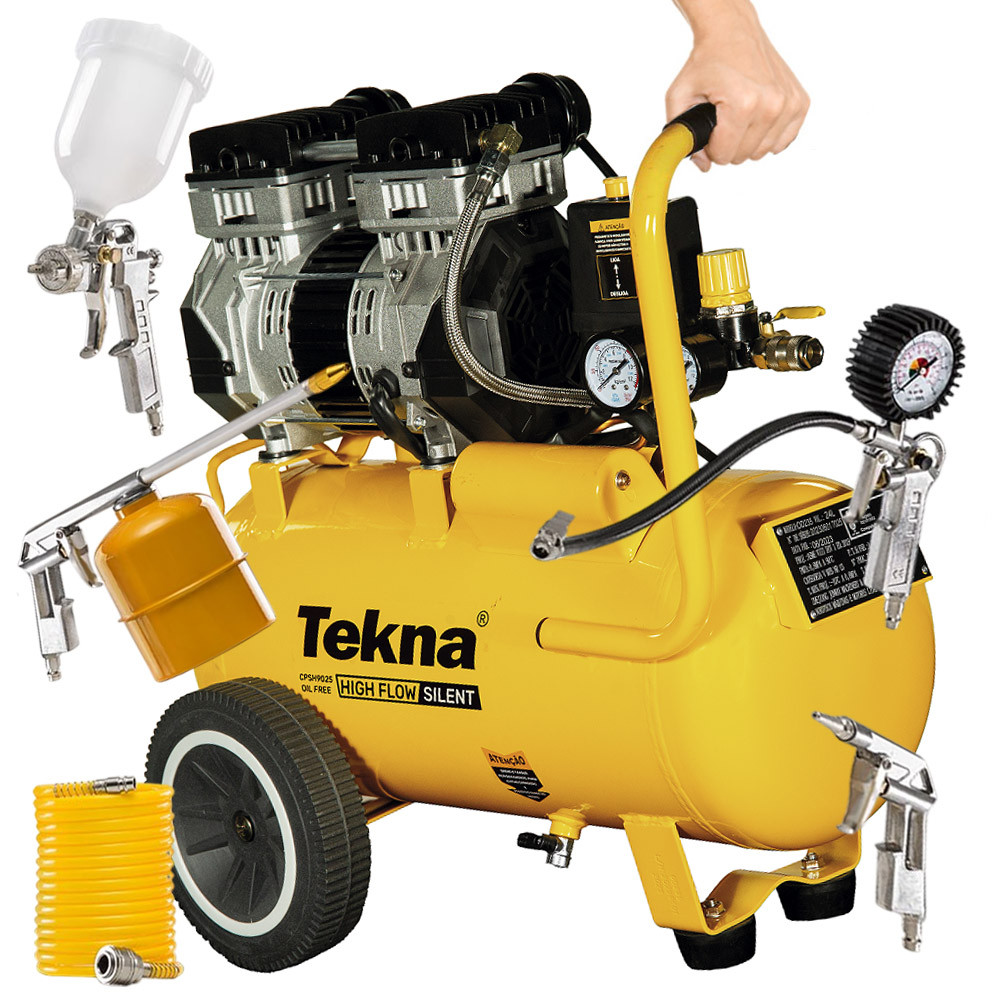 Compressor de Ar Silencioso Isento de Óleo 2.5Hp 24 Litros Pistola Pintura Mangueira Tekna