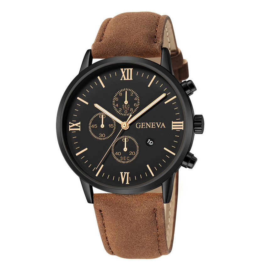 RELÓGIO GENEVA - Clássico com Pulseira em Couro Estilo Crazy Horse, para o Homem Moderno