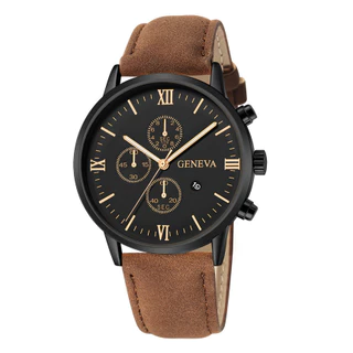 RELÓGIO GENEVA - Clássico com Pulseira em Couro Estilo Crazy Horse, para o Homem Moderno