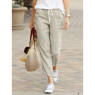 S-5XL Calça Feminina De Algodão E Linho Cor Sólida Casual Simples De Verão