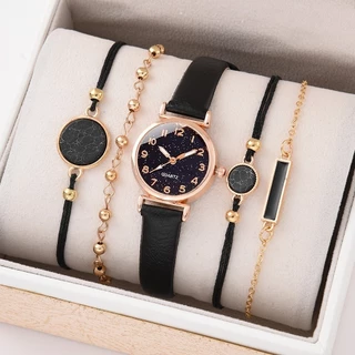 1 Relógio De Quartzo Com Mostrador Estrelado Feminino E 1 Conjunto De Pulseiras Decorativas