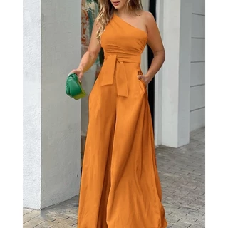 Macacão longo com gola oblíqua com amarração unilateral irregularmente sem ombros altos cintura alta calças de pernas largas social alfaiataria Trabalho Diário causal verão lindo elegante moda feminino réveillon ano novo fresquinho Roupas Femininas