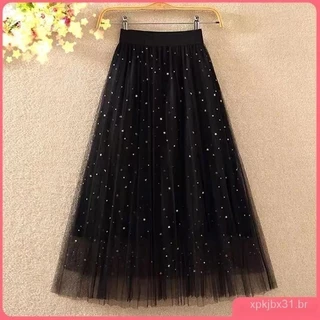 Brilhante Saia De Tule Moda Feminina Confortável Adulto Outskirt Lered Elegante New Midi Saia De Tule Para A Primavera E O Verão Preto GF9F 3R09