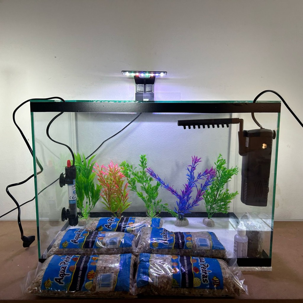 AQUARIO GRANDE COMPLETO 50 litros 50cmx30cmx35cm com termostato+bomba+luminaria+pedras+plantas+ração+anticloro