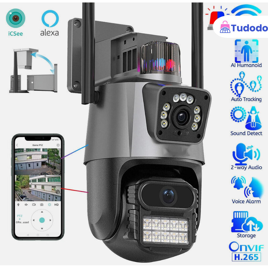 Câmera de vigilância externa com lente dupla, resolução 4K e 6MP, equipada com sirene policia